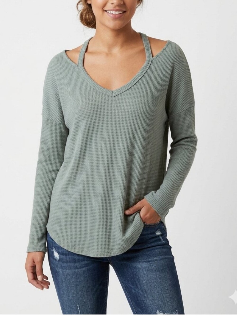 Cherish Sage Green Cut Out Waffle Knit Thermal Long Sleeve Top V-Neck Size XL*